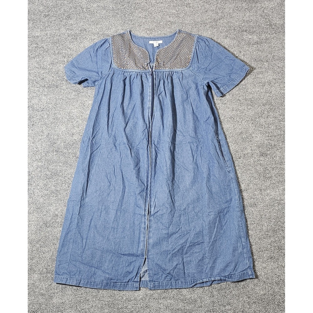 Go Softly Patio Dress Full Zip Chambray Denim Sequins Small Muu Muu Pockets